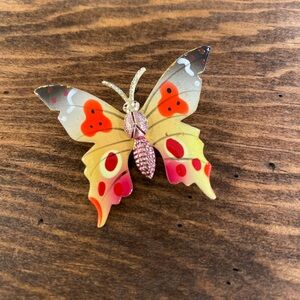 vintage bright 70's butterfly brooch pin yellow orange black maroon colors